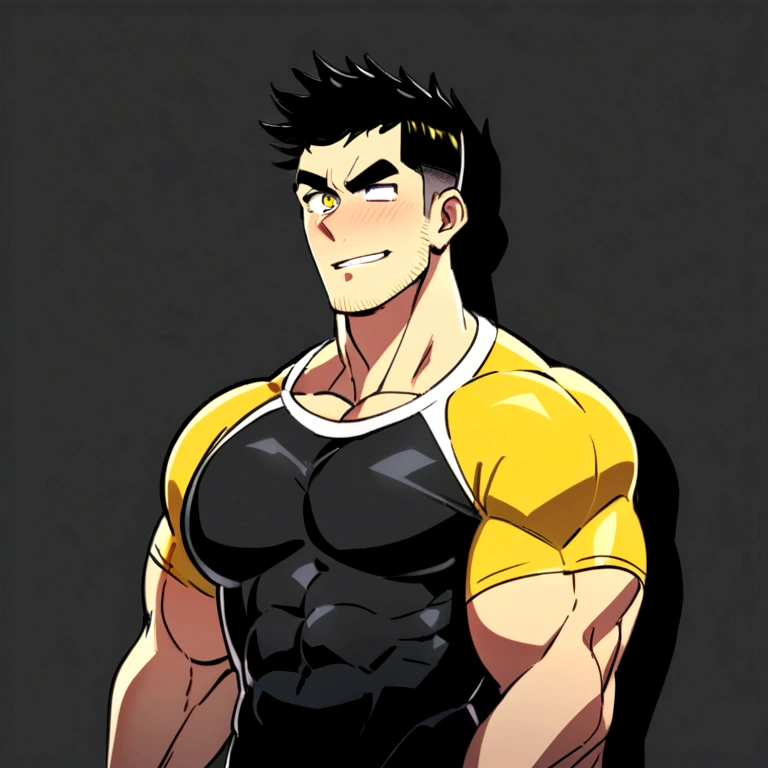 anime characters:Gyee, Fitness coach, 1 muscular tough guy, Manliness, male focus, SKINS brand sports tight T-shirt, white shorts, Slightly transparent, muscular male, muscular, only, alone, Black short hair, Thick eyebrows, stubble, Yellow eyes, Black background, simple background, amazing quality, best aesthetics, Ridiculous, bright pupils, crew cut, parted lips, embarrassed, forced smile, drop shadow, best quality, big pecs