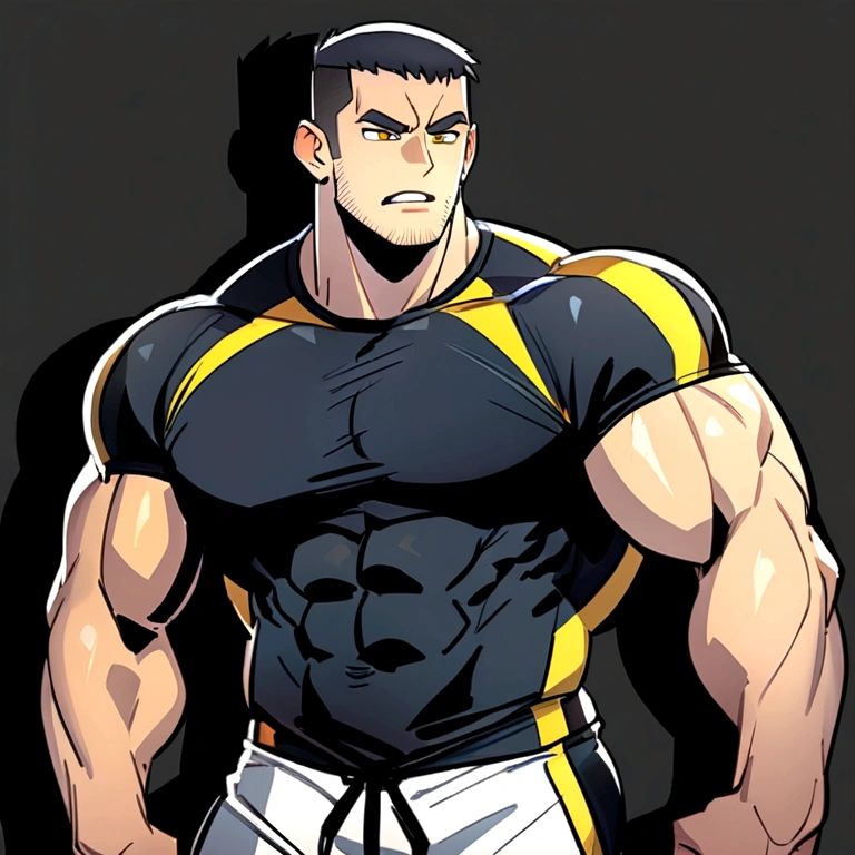 
anime characters：Gyee, Fitness coach, 1 muscular tough guy, Manliness, male focus, SKINS brand sports tight T-shirt, white shorts, Slightly transparent, muscular male, muscular, only, alone, Black short hair, Thick eyebrows, stubble, Yellow eyes, Black background, simple background, amazing quality, best aesthetics, Ridiculous, bright pupils, crew cut, parted lips, embarrassed, forced smile, drop shadow, best quality, big pecs