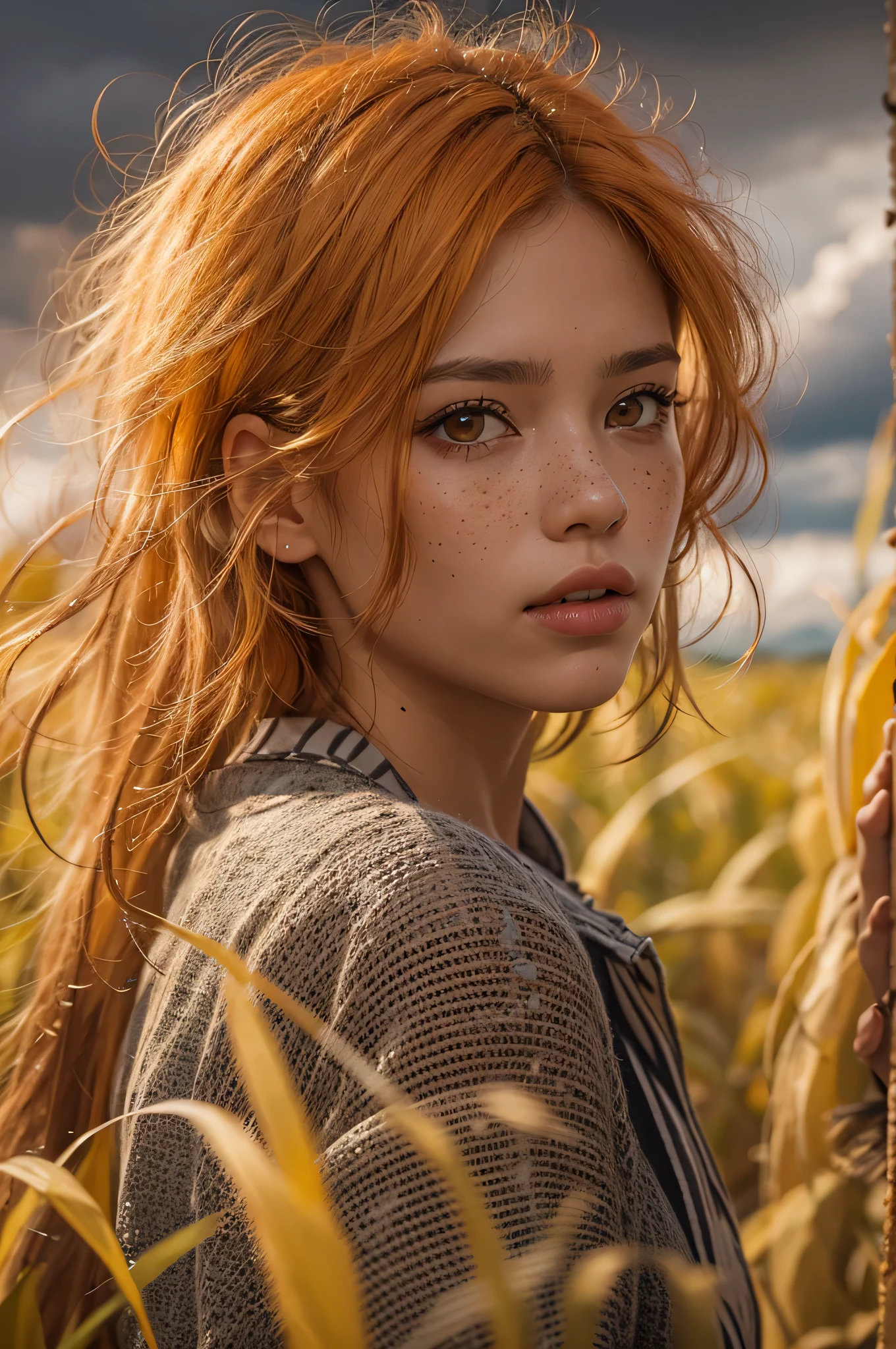 1girl, belviso, bob cut, braid, freckles, lips, long hair, looking at viewer, messy hair, orange hair,
half body shot, realistic, solo, teeth
Walking through a corn field. Dramatic sky,