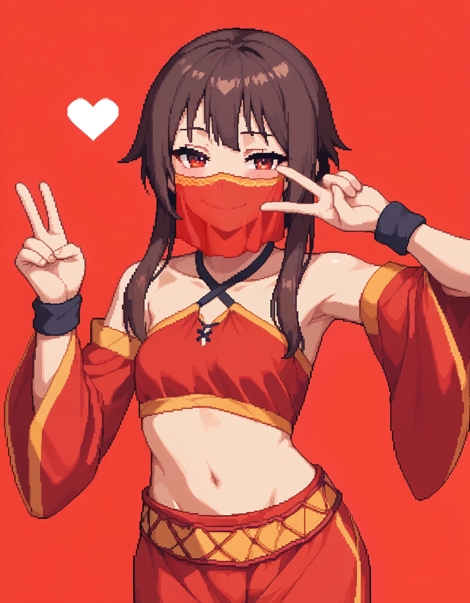 score_9, score_8_up, score_7_up, rating_safe, 1girl, solo, Pixel_Art,
kono subarashii sekai ni shukufuku wo!, megumin, red eyes, tsurime, brown hair, short hair, short hair with long locks, sidelocks, small breasts, revealing clothes, harem outfit, mouth veil, collarbone, halterneck, criss-cross halter, necklace, detached sleeves, bracelet, bare shoulders, navel, hip vent, harem pants, cowboy shot, v, hand up, looking at viewer, simple background, red background, heart background, blush, naughty face, smile, half-closed eyes