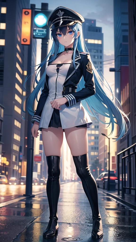 esdeath, esdeath, blue eyes, blue hair, long hair, (small breast:1.2),
BREAK boots, choker, cleavage, collarbone, hat, ice, military,white military uniform, peaked cap, thigh boots, thighhighs, uniform,
BREAK looking at viewer, full body,long legs,milf,35 years old,arrogant face,BREAK indoors,BREAK (masterpiece:1.2), best quality, high resolution, unity 8k wallpaper, (illustration:0.8), (beautiful detailed eyes:1.6), extremely detailed face, perfect lighting, extremely detailed CG, (perfect hands, perfect anatomy),city,street,night,wet road,reflections,lights, standing in middle of street, from behind.