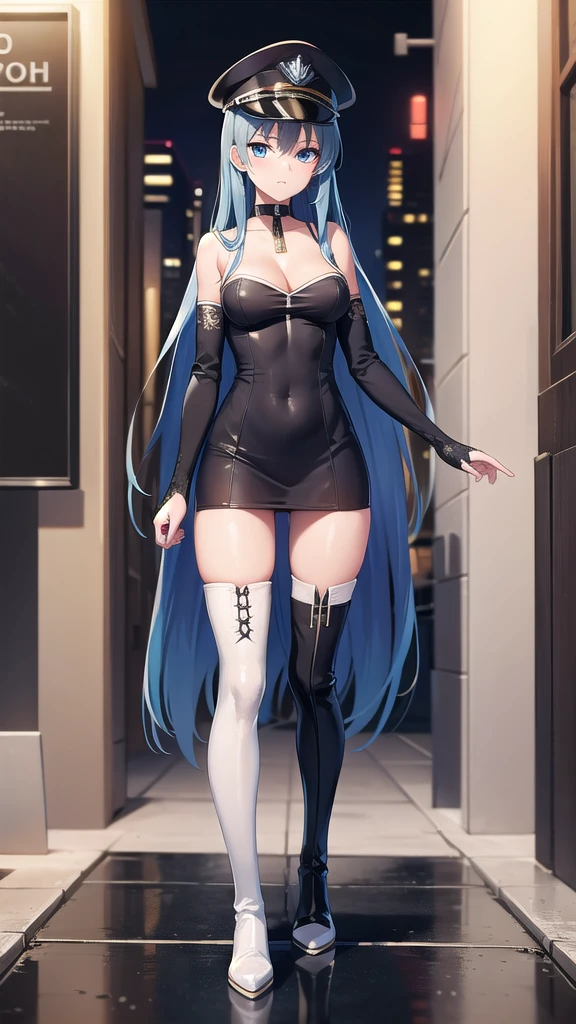 esdeath, esdeath, blue eyes, blue hair, long hair, (small breast:1.2),
BREAK boots, choker, cleavage, collarbone, hat, ice, military,white military uniform, peaked cap, thigh boots, thighhighs, uniform,
BREAK looking at viewer, full body,long legs,milf,35 years old,arrogant face,BREAK indoors,BREAK (masterpiece:1.2), best quality, high resolution, unity 8k wallpaper, (illustration:0.8), (beautiful detailed eyes:1.6), extremely detailed face, perfect lighting, extremely detailed CG, (perfect hands, perfect anatomy),city,street,night,wet road,reflections,lights, standing in middle of street, from behind.