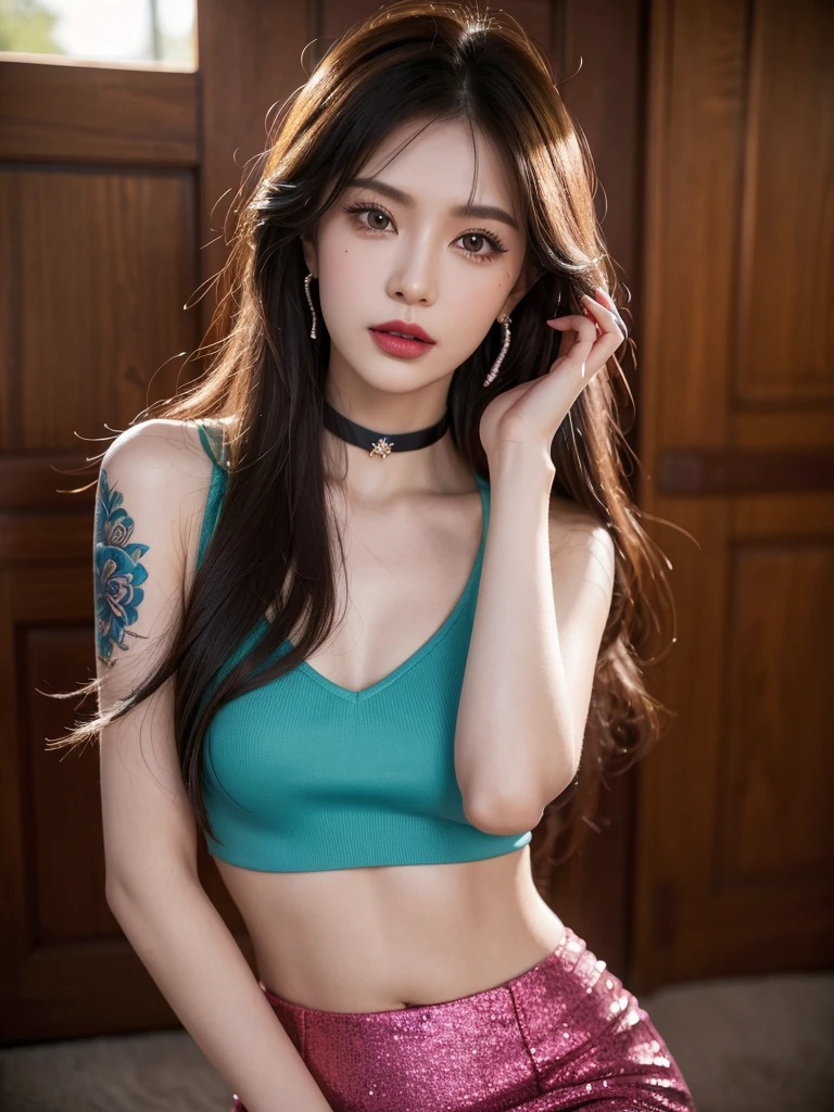 1girl, alone, solitary, high quality, (best quality,4k,8k,highres,masterpiece:1.2),ultra-detailed,(realistic,photorealistic,photo-realistic:1.37),gorgeous hair,light brown hair,long hair with bangs,sharp eyes,mole under the eye,plump lips,jewelry,(high detailed skin:1.4),(rim lighting:1.3),(lit:1.3),(sunny day:1.3),portrait,beautiful lips,waist-length hair,seductive gaze,moles,casual clothes,colorful clothing,close up,super long hair,choker necklace,bangs,fringe,dimples on the cheeks,dimples,brown hair,lighthair,brown hair,black,red lips,red lipstick,round lips,round pouty lips,pouty lips,douyin makeup,sparkly makeup,blue,green,pink,purple,wine red,highlights,colored highlights,piercings,gems,lipstick,lip gloss,tattoos,tattooed,navel piercing, girl,small waist,innocent