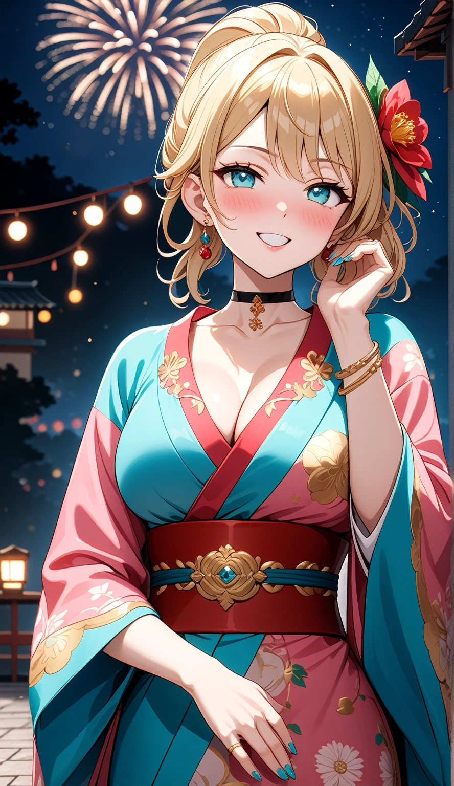 ((One personの女性)), Beautiful Face,(Laughing embarrassedly), (naughty face:1.2), ((Wink:1.9)), (head tilt:1.3), Laughing with your mouth open, upper teeth, ((full-face blush:1.5)), looking at viewer, Glossy Red Lips, (Shining Face), ((Anime style background)) , night, Observatory, Festival decorations, firework, ,masterpiece, Highest quality, so beautiful,up to date, Complex details, (Pink long nails),(ring),(bracelet),(choker),AI-generated, Complex,High resolution, Highest quality, super high quality,3D Images、3D Images,One person,Long blonde hair,ponytail, wavy hair ,写真のポーズをとるAnime Women, ((Fine grain、Turquoise Eyes、Shining Eyes:1.4)), (Squint your eyes:1.1),a hyperRealistic , hyperRealistic , Realistic,Anime Women, Smooth anime CG art, A woman in a colorful kimono with gold embroidery, (Pink long sleeve kimono),Red floral pattern,Long flower hair ornament,Earrings,Mature Body,(Big Breasts:1.1),Tall,Abdominal muscles,Tight waist,(face focus:1.4), ((front view)),