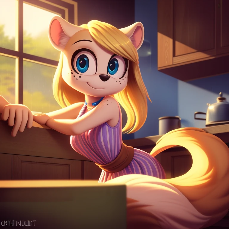 minerva, medium breast,
(detailed blonde hair:1.4), (detailed perfect eyes:1.2), white fur, (detailed fluffy fur:1.2), perfect hourglass body, mink snout, (long fluffy blonde tail:1.3), beautiful black eyes, relaxed pose, looking at viewer,
(freckles:1.2), light smile,
serving coffee,
(masterpiece:1.2), (best quality:1.2), (intricate:1.2), (highly detailed:1.2), (sharp:1.2), (8k:1.2), (highres:1.2),
cinematic summer tropical lighting, vivid colors,
kitchen, wooden cabin,
window, forest, rain,
aliceinwonderlandoutfit