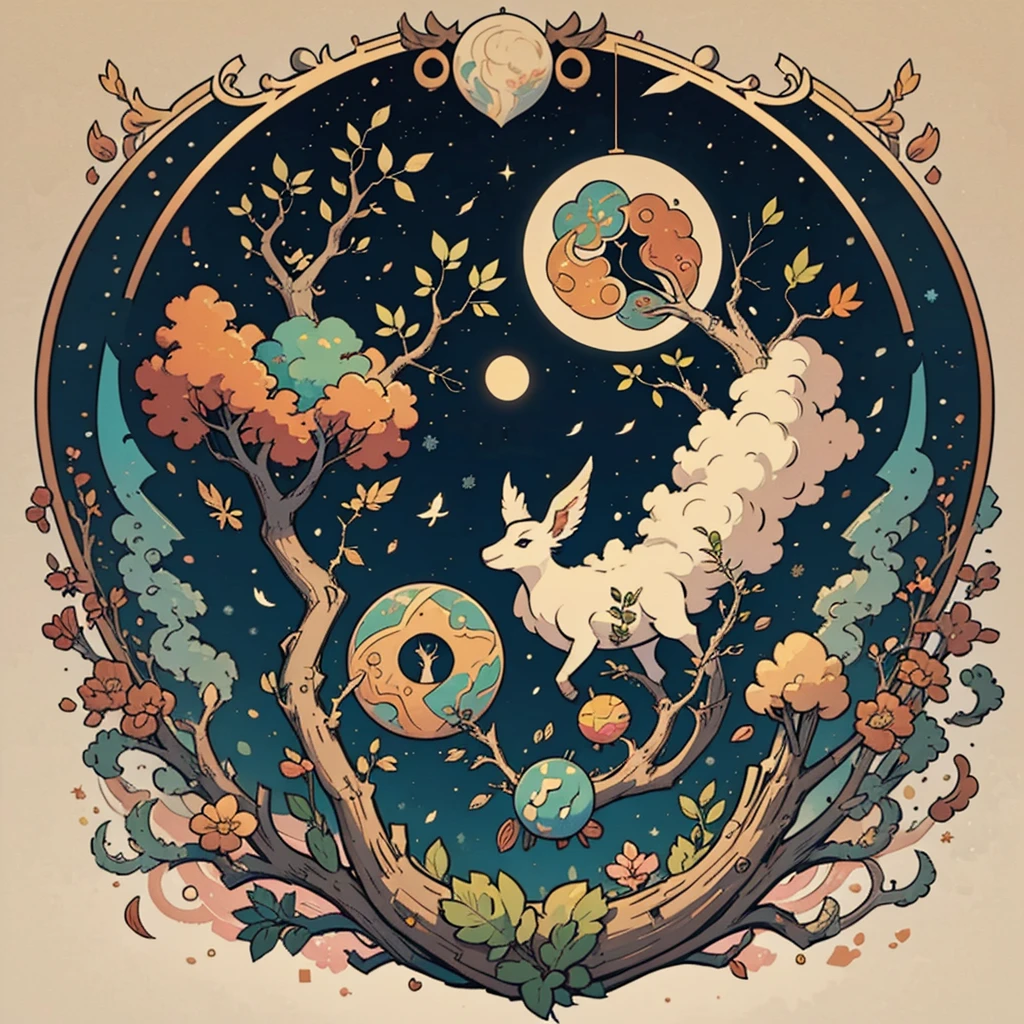 circular tree,four seasons,spring,summer,autumn,winter,leaves,roots,branches,trunk,ornate border,decorative,digital illustration,artwork,movement,time,swirling background,dark background,vibrant colors,natural,life cycle,growth,change,nature,life,peace,harmony,spirituality,symbolism,digital art,illustration,painting,graphic design,art,design,digital media,online art,visual art,fine art,fantasy