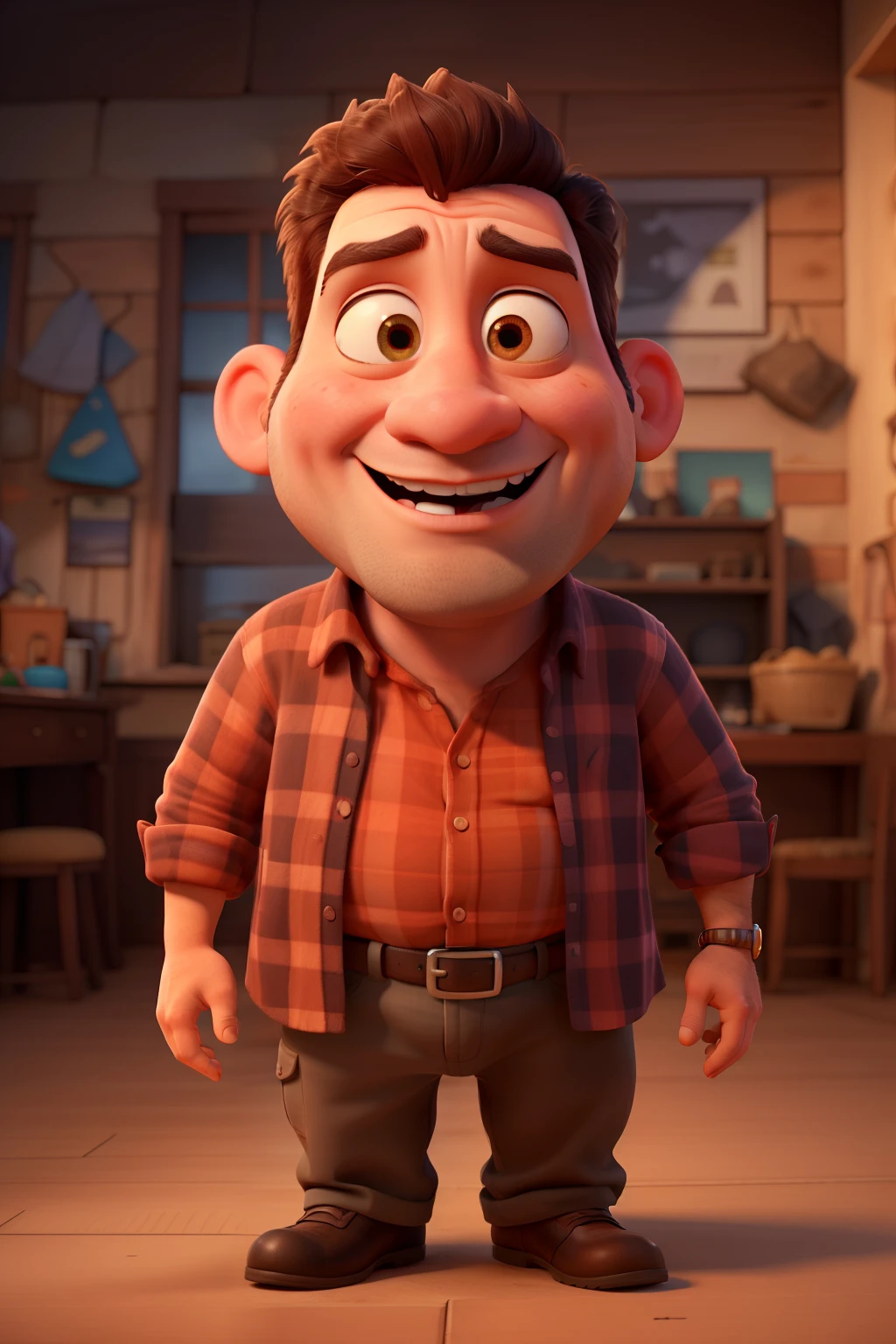 generate Disney PIXAR 3D image of a slightly overweight bald Brazilian father, nose a little Latin, mouth with fleshy lips,  in a lumberjack-style red plaid shirt, with her 3 children

