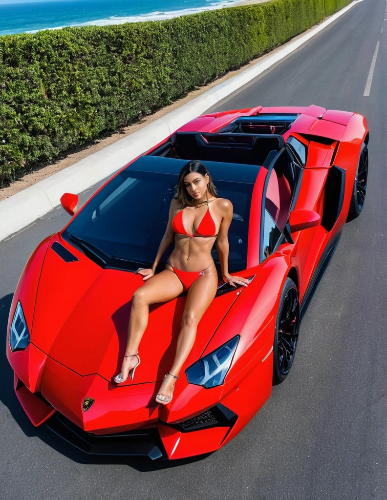 araffe in a red bikini sitting on the hood of a black sports car, a picture inspired by Hedi Xandt, tumblr, fine art, lamborghini aventador photoshoot, bella poarch, sportscar, bold lamborghini style, top down angle, instagram model, lamborghini, violet myers, 🔥 😎 🕹️ 👀 :2, sexy :8, sexy pose