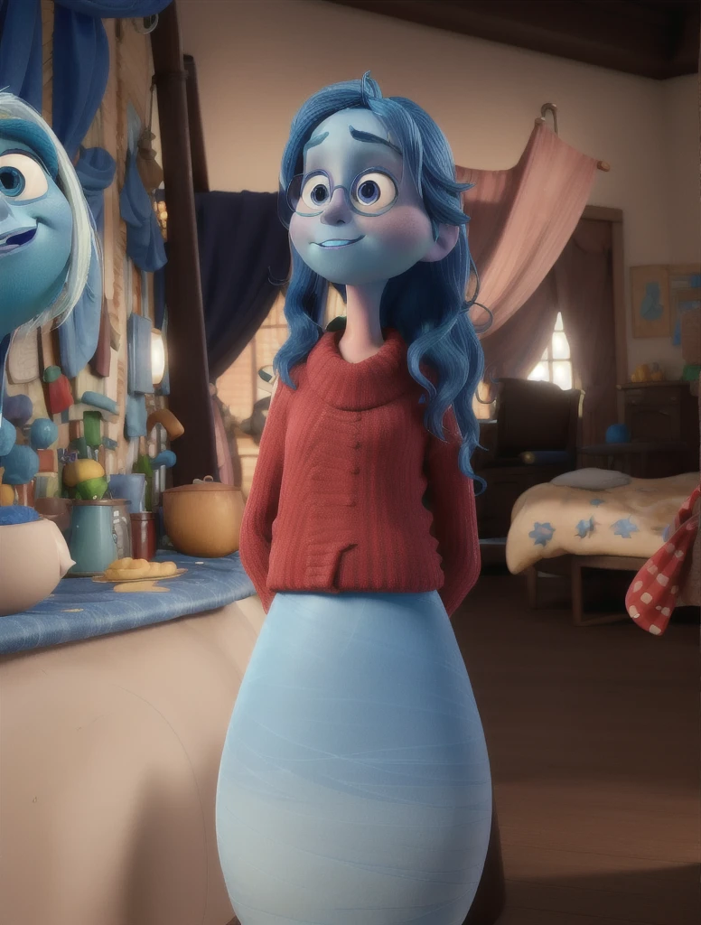 3d cartoon character from Inside Out Disney Pixar style, with blue skin, straight blue hair, very strong and wavy at the ends, Face with a sad look  