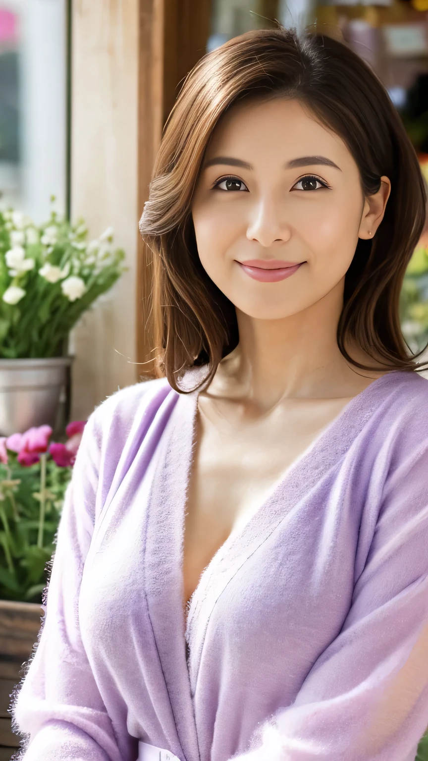 born, Highest quality, High resolution, (masterpiece: 1.3), Body Shot, Cute Japanese women, masterpiece, Curved body, Big Breasts, Cute face, Light Skin, Fair skin, Cute eyes, Elegant smile, Light makeup, stand in front of a flower shop, Feminine gestures, Elegant expression, Viewers facing towards each other, Focus on your audience, , Pretty dress, Wearing a lilac cardigan, Perfect cardigan, CuteBeautiful pastel colors, Beautiful pastel colors, at noon, Great lighting, Great sunlight, Bright colors, Ultra-realistic clean lines, Very realistic、Japanese、40 years old、A sparkling smile、E cup breasts、Hide your fingers、Emphasize the chest、Cleavage、Disheveled clothing、lingerie