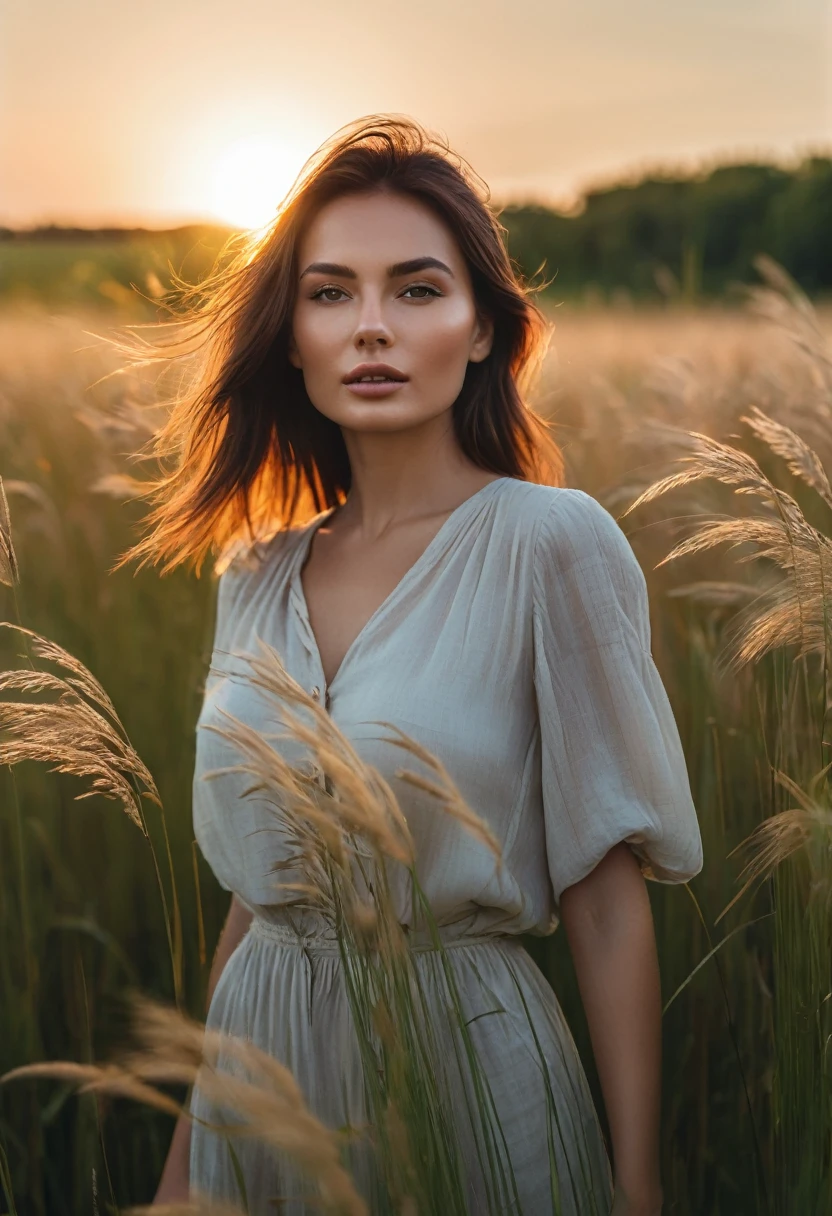 a woman standing in a field of tall grass with the sun setting, gorgeous woman, cinematic beautiful natural skin, attractive woman, attractive girl, photo of a beautiful woman, gorgeous attractive face, extremely beautiful face, in a field, beautiful female model, portrait of a beautiful model, soft portrait shot 8 k, beautiful delicate face, a beautiful young woman, attractive beautiful face

