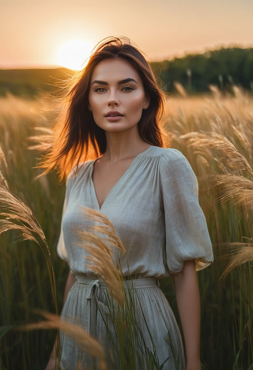 a woman standing in a field of tall grass with the sun setting, gorgeous woman, cinematic beautiful natural skin, attractive woman, attractive girl, photo of a beautiful woman, gorgeous attractive face, extremely beautiful face, in a field, beautiful female model, portrait of a beautiful model, soft portrait shot 8 k, beautiful delicate face, a beautiful young woman, attractive beautiful face
