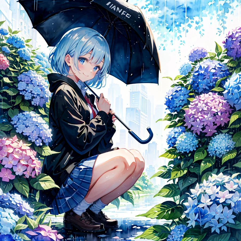 Absurd, High resolution,
Girl holding an umbrella in the rain, wear , Hydrangea flowers, squat, Dynamic Angle, watercolor, , Smile Break