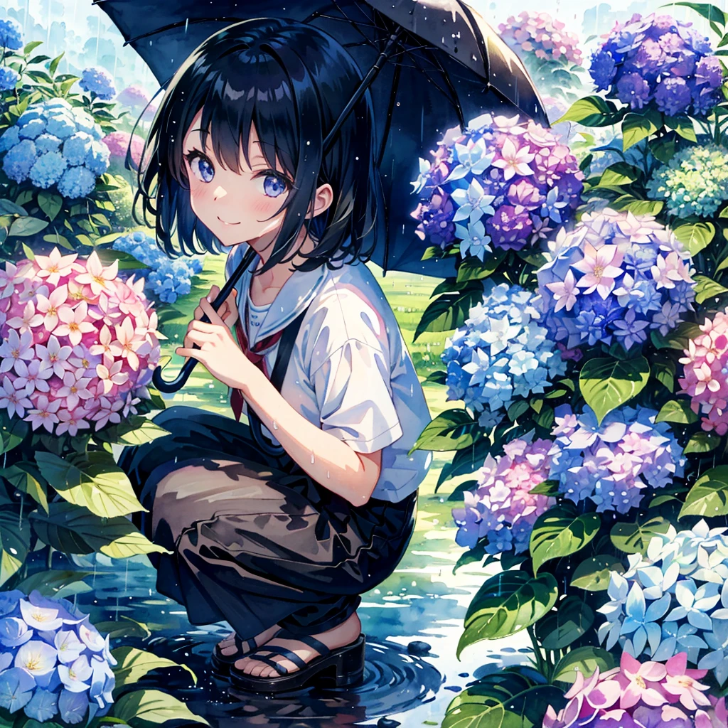 Absurd, High resolution,
Girl holding an umbrella in the rain, wear , Hydrangea flowers, squat, Dynamic Angle, watercolor, Young student, Smile Break