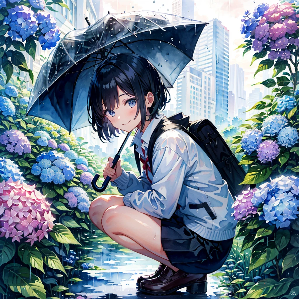 Absurd, High resolution,
Girl holding an umbrella in the rain, wear , Hydrangea flowers, squat, Dynamic Angle, watercolor, Young student, Smile Break