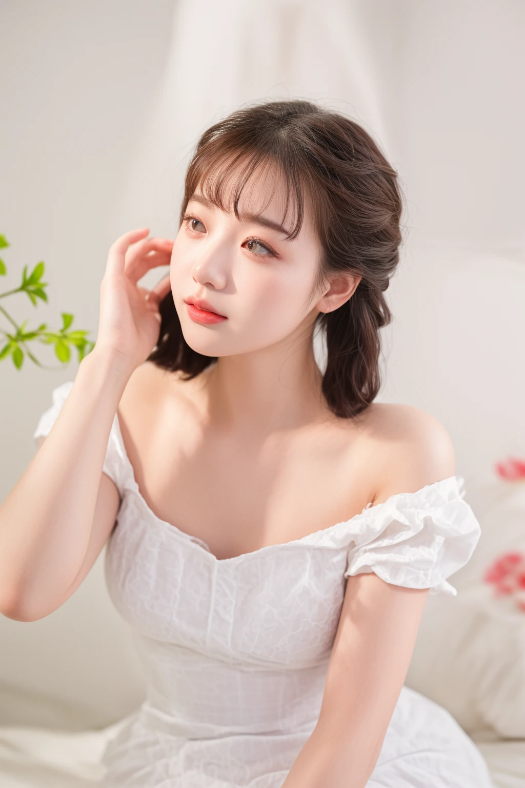 there is a woman in a white dress sitting on a bed, Chiho, soft portrait shot 8 k, portrait of female korean idol, captured on canon eos r 6, Yoshitomo Nara, sun yunjoo, with short hair, heonhwa choe, beautiful young korean woman, shikamimi, a cute young woman