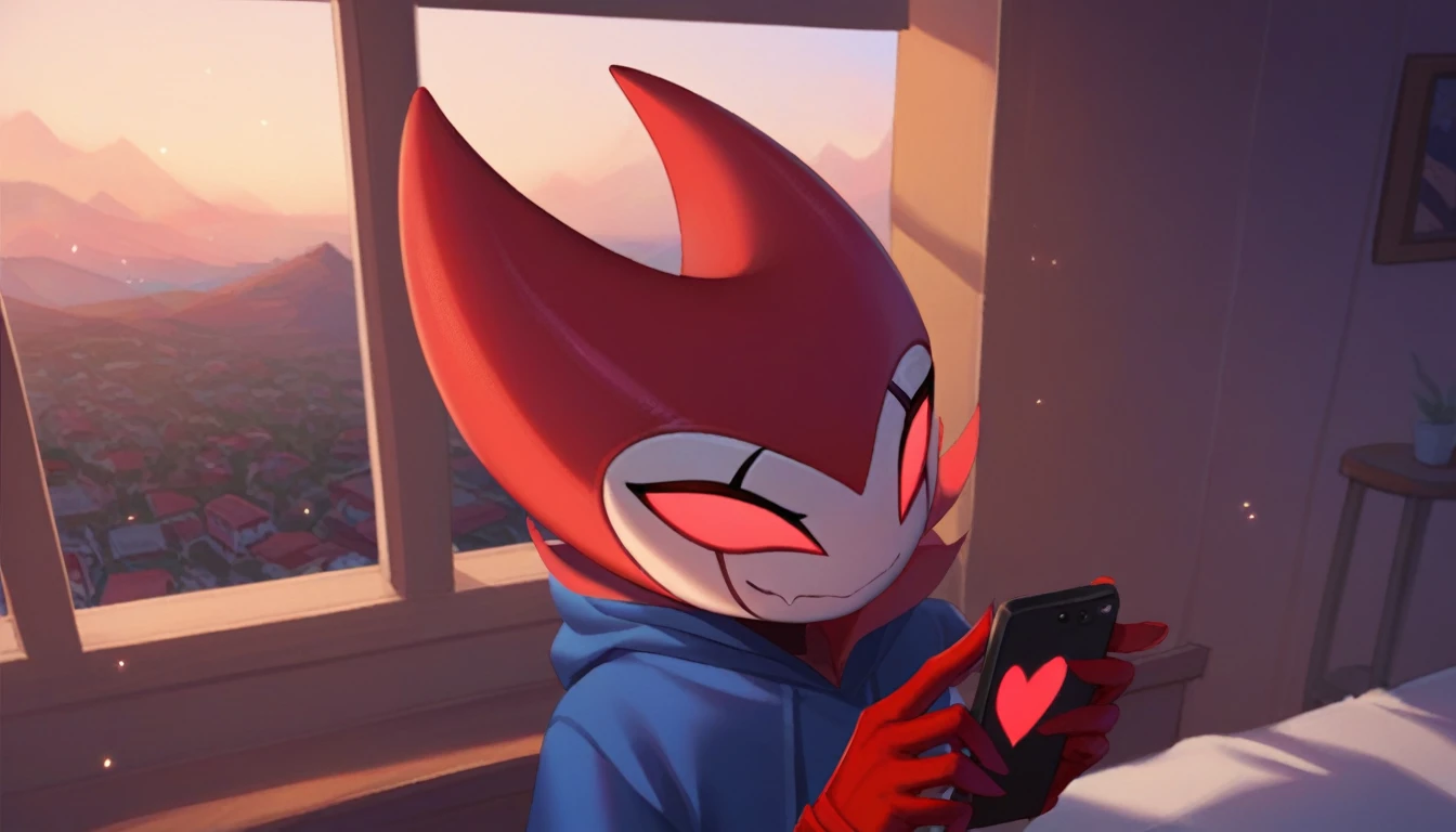 score_9, score_8_up, score_7_up, score_6_up, zPDXL2, grimm \(hollow knight\), vampire, bat, 1boy, solo, cute face, detailed eyes, anthro, blue large hoodie, red sports gloves, sneakers, near the window, landscape, looking to the side, upper body, smug face, playing with the cell phone, pov 