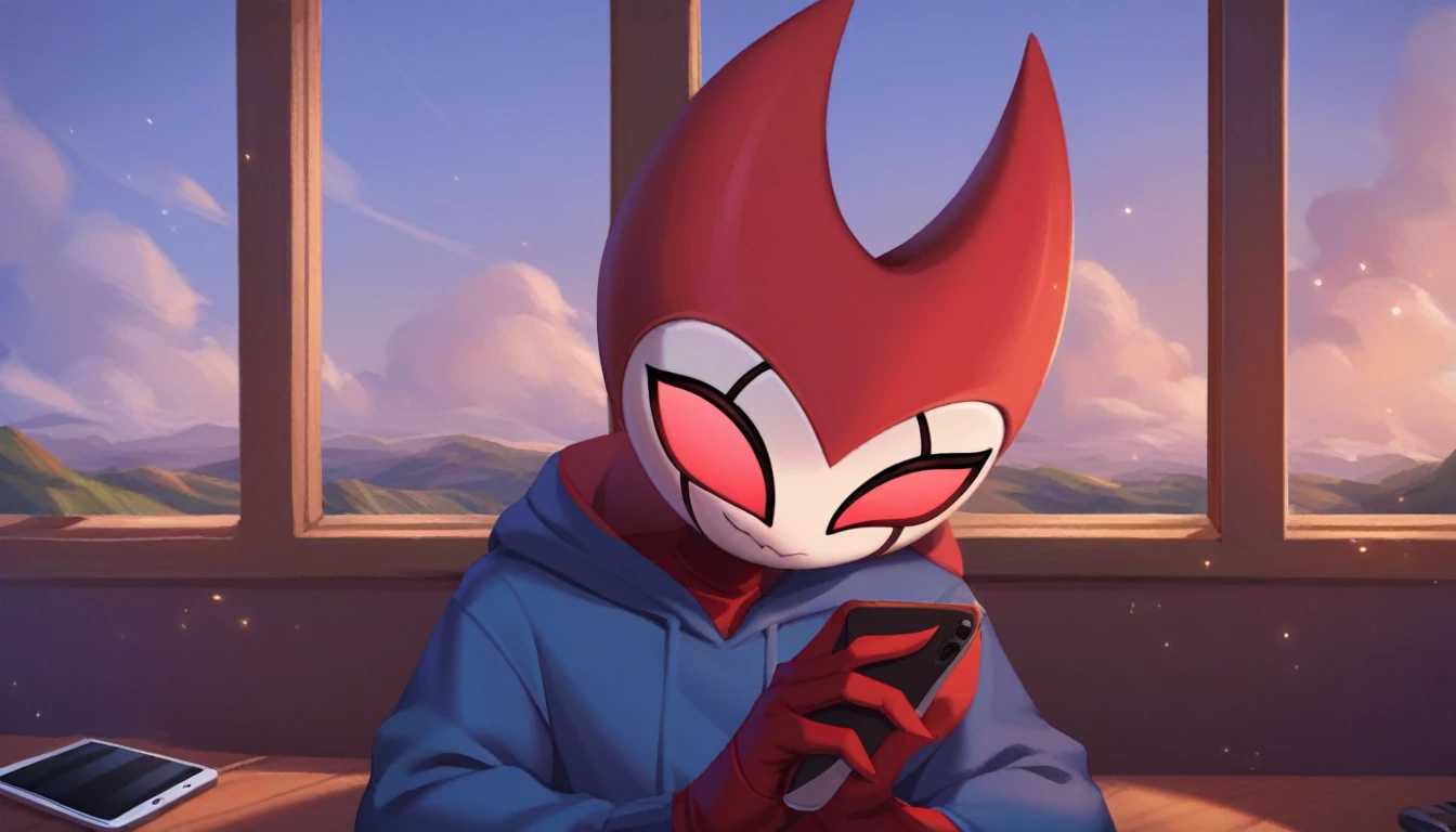score_9, score_8_up, score_7_up, score_6_up, zPDXL2, grimm \(hollow knight\), vampire, bat, 1boy, solo, cute face, detailed eyes, anthro, blue large hoodie, red sports gloves, sneakers, near the window, landscape, looking to the side, upper body, smug face, playing with the cell phone, pov