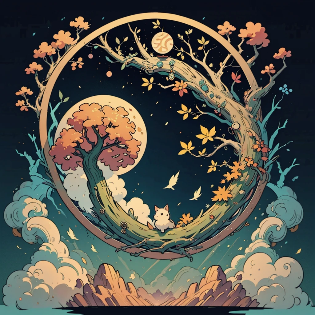 circular tree,four seasons,spring,summer,autumn,winter,leaves,roots,branches,trunk,ornate border,decorative,digital illustration,artwork,movement,time,swirling background,dark background,vibrant colors,natural,life cycle,growth,change,nature,life,peace,harmony,spirituality,symbolism,digital art,illustration,painting,graphic design,art,design,digital media,online art,visual art,fine art,fantasy
