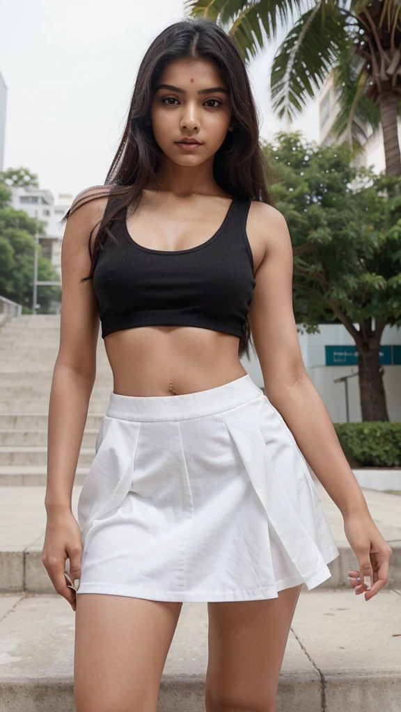Create a full image of a sharp face cute and lovely indian women age is 16 years old ,she have big emerged and Slim waist , looking so pretty ,model and Indian cultured
And she wears a black top, white mini skirt,white sneakers, body looks hot sexy , background staning on the mall stairs