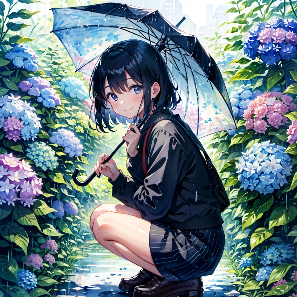 Absurd, High resolution,
Girl holding an umbrella in the rain, wear , Hydrangea flowers, squat, Dynamic Angle, watercolor, Young student, Smile Break
