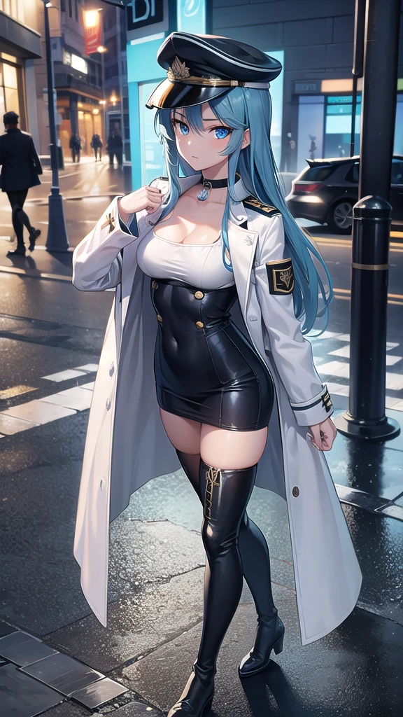 esdeath, esdeath, blue eyes, blue hair, long hair, (small breast:1.2),
BREAK boots, choker, cleavage, collarbone, hat, ice, military,white military uniform, peaked cap, thigh boots, thighhighs, uniform,
BREAK looking at viewer, full body,long legs,milf,35 years old,arrogant face,BREAK indoors,BREAK (masterpiece:1.2), best quality, high resolution, unity 8k wallpaper, (illustration:0.8), (beautiful detailed eyes:1.6), extremely detailed face, perfect lighting, extremely detailed CG, (perfect hands, perfect anatomy),city,street,night,wet road,reflections,lights, standing in middle of street, back view.