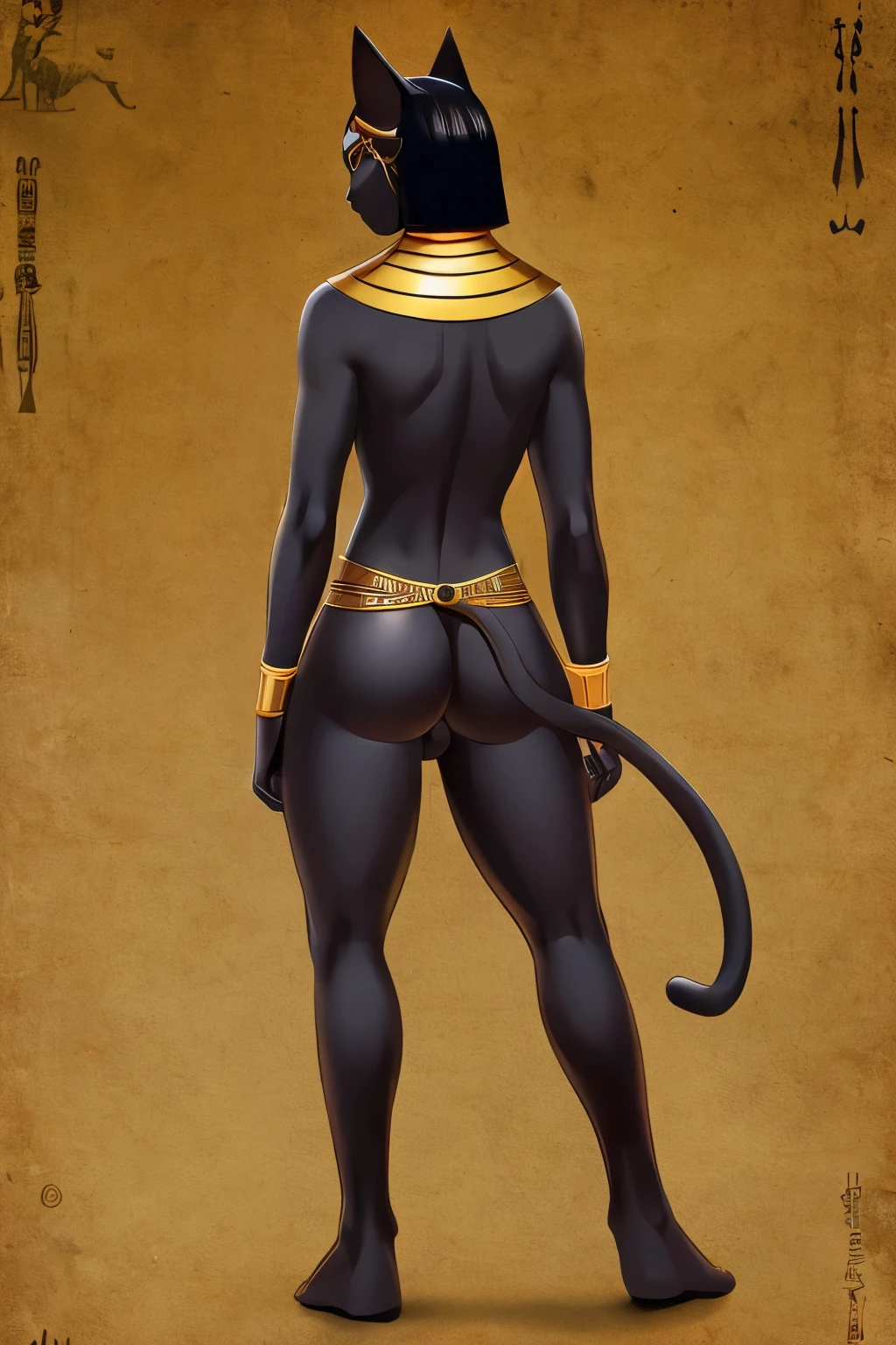 A Catwoman,Solitary,Completely naked,Fur on the body,Egyptian style,Egyptian cat god,bastet,Black Cat,Black hair,upright,Back,Bubble buttocks,Cat's Tail,Golden eyes,Half cat, half human