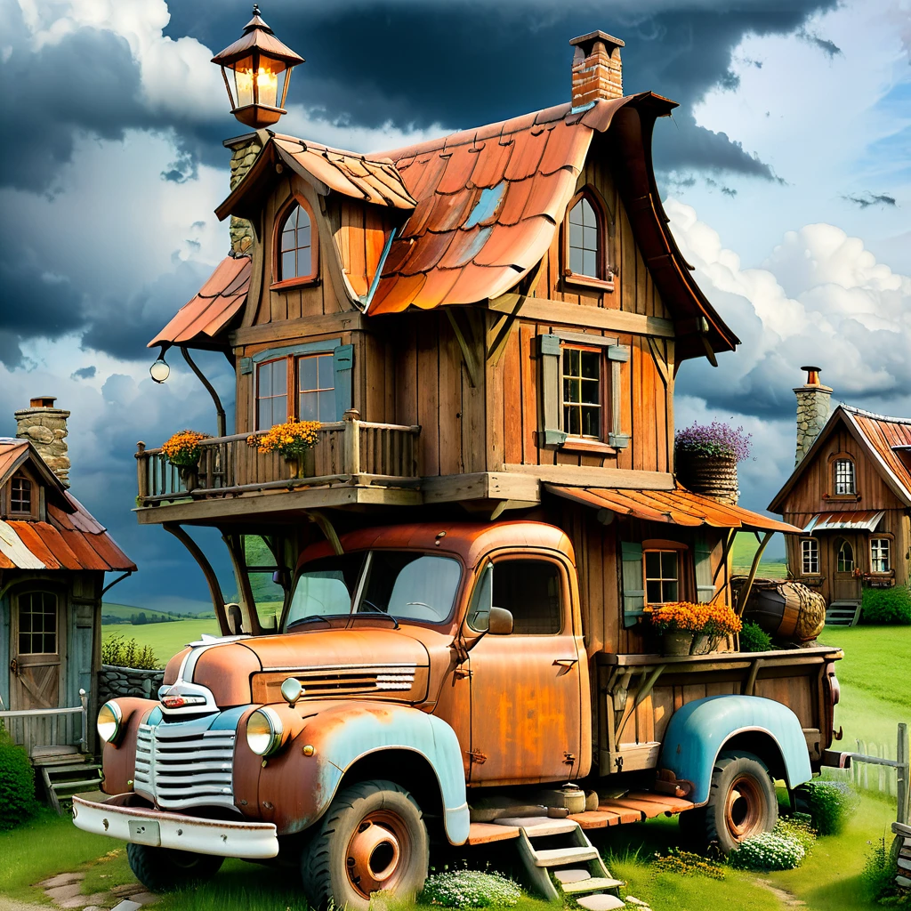 creat an old rusty truck on the back of the truck is a whimsical wooden cottage small house with a small window and with a misplaced second floor with a balcony and a crocked chimney the roof is all rusty there hang a lantern from the roof with a small light within the background is a landskape with heavy clouds, ((more detail, enhanced)). 32k