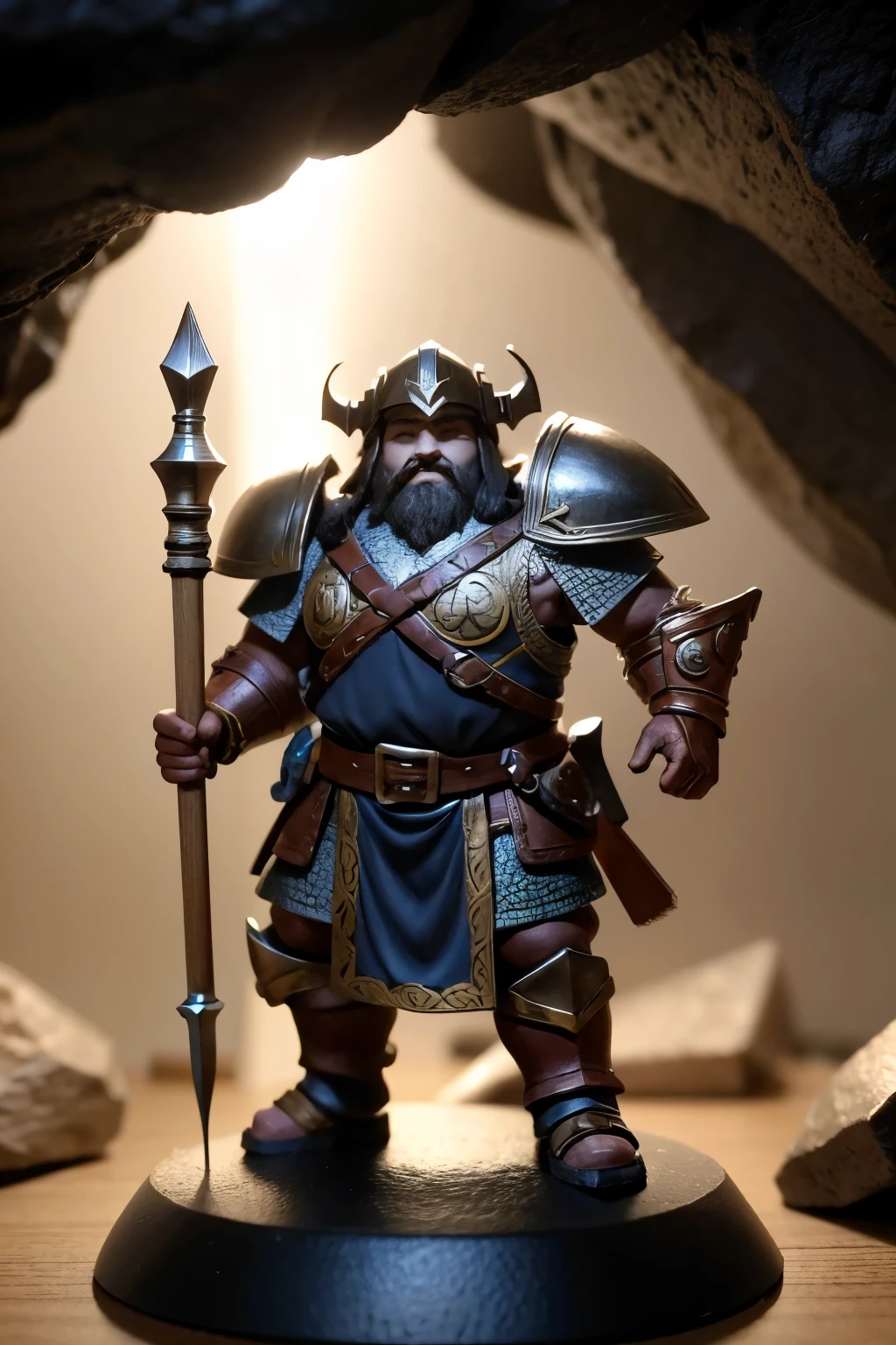 a dwarf warrior from the RPG Dungeons and Dragons with helmet,using your war hammer,in the background an illuminated cave