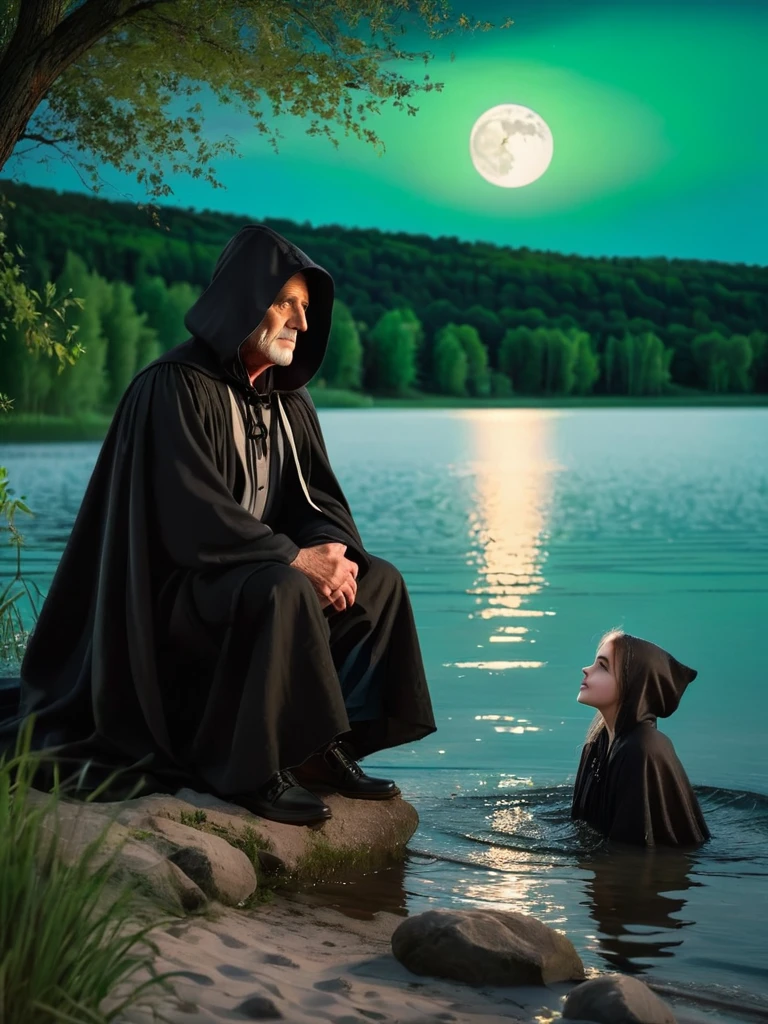 grandfather in a black cloak and black hood, grandfather sits on the shore of the lake,   looks at a beautiful woman, a woman with green eyes stands waist-deep in water, in a white gauze cape. She stands facing her grandfather.night,dark,moon