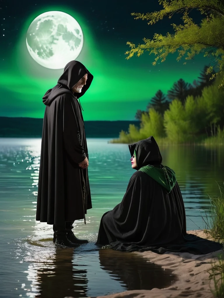 grandfather in a black cloak and black hood, grandfather sits on the shore of the lake,   looks at a beautiful woman, a woman with green eyes stands waist-deep in water, in a white gauze cape. She stands facing her grandfather.night,dark,moon