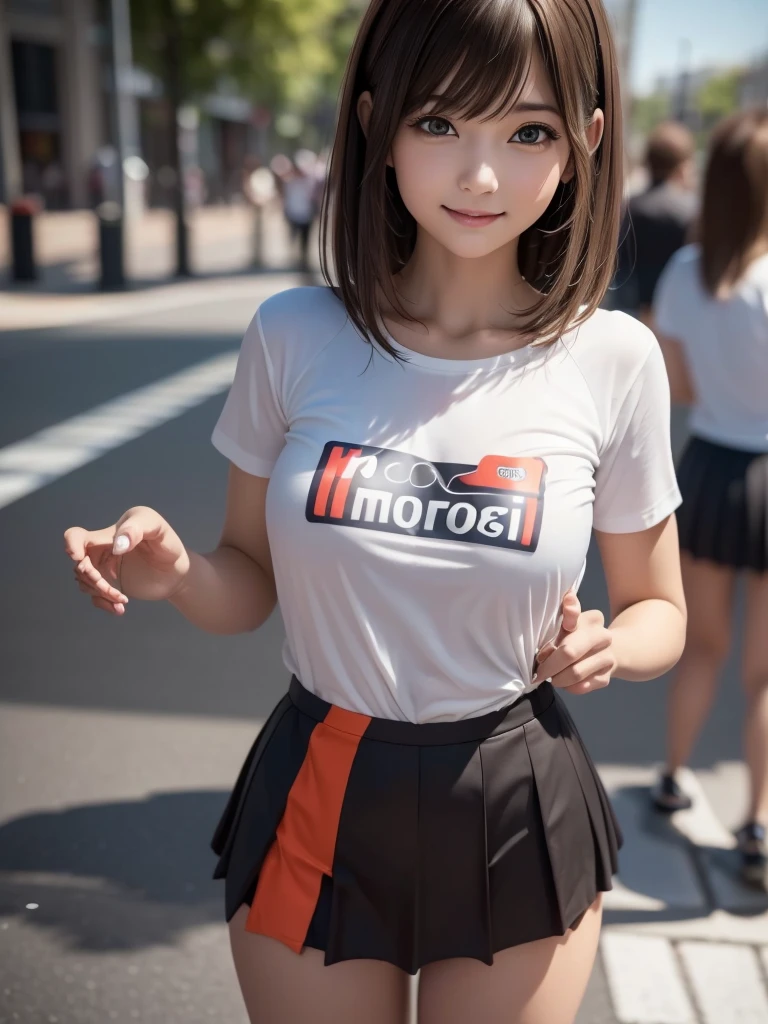 (8K, RAW Photos, Highest quality, masterpiece:1.2), (Realistic, photo-Realistic:1.4), (Highly detailed 8K wallpapers), ((Full Body Shot)), (1 girl), Sharp focus, Depth of written boundary, Cinematic lighting, Soft Light, 緻密な美しさのeye, eye_Chan, Very beautiful  girl, innocent big eyes, Realistic, photo Realistic, Highly detailed cute girl, (Thin thighs), (Model Body Type), (((MotoGP Repsol Honda Team T-shirt))), ((Micro Mini Pleated Skirt)), (((Fold your arms in front of your chest and act arrogantly))), ((A happy smile)), Parted lips, Watching the audience, (On the streets of Britain) , (Brown Hair),（Long Bob Hair), (Asymmetrical bangs)