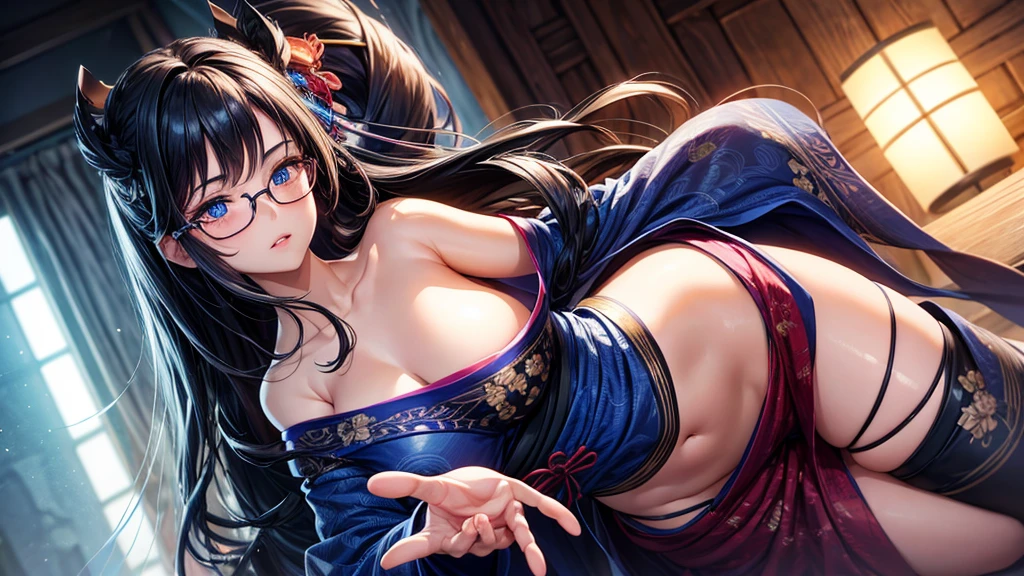 1 girl, full body, dark long hair, glowing blue eyes, glasses, yukata, welcome opening the door, hands tied into a back hair, parted lips, big breast, blush, midnight, hyper-detailed, high quality, 8k, photorealistic, professional digital painting, dramatic lighting, vibrant colors, intricate details, serene atmosphere, natural environment, ethereal, dreamy