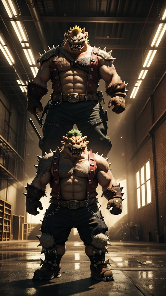A hyper-realistic 3D rendering of Bowser, a well-known character from the Super Mario franchise, standing in an industrial, dimly-lit warehouse. Bowser has detailed, textured skin with prominent scales and spikes, and his expression is fierce with sharp, intense eyes and thick eyebrows. The setting includes a wet, reflective floor with scattered debris, creating a gritty atmosphere. The lighting should emphasize Bowser's intimidating presence and the industrial environment around him.