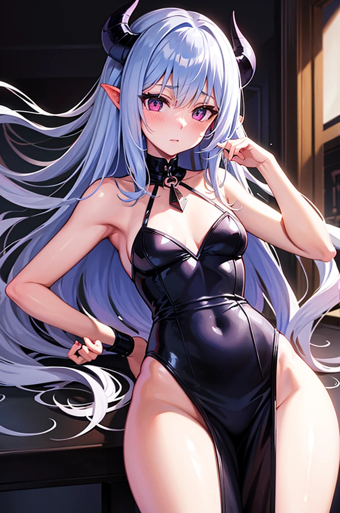 Sinia,Succubus blue stands alone in the room ,demon's horn,glowing eyes,Long scarlet hair,tongue out,Drooling,Huge elastic breasts,wide hips,Slim athletic body,sexy legs,naked
