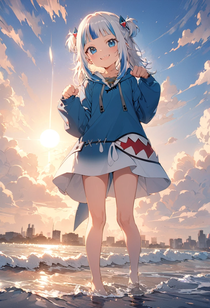 ((Gawr gura)), ((Masterpiece)), ((best quality)), (Anime:1.3), (super detail:1.2),(High Definition:1.3), (Professional Photography:1.2), Textured skin, cinematic lighting, (12 years old), (full body), 1girl, (Cute teenage beautiful Girl), beautiful eyes, ((looking at another)), (Beautiful daiamond eyes:1.5), Pale silver hair, outside curl hair, medium hair, ((jagged teeth)), naughty smile, (Open mouth wide), ((pure blue hoodie)), Slender body, small breasts, Beautiful small breasts, BREAK, ((best quality)), (super detail:1.2), (full body), ((paw pose)), (loose standing on the shoreline at dawn), cumulonimbus cloud, summer day, (super detail), (sharp focus), (perfect light), gawr gura,