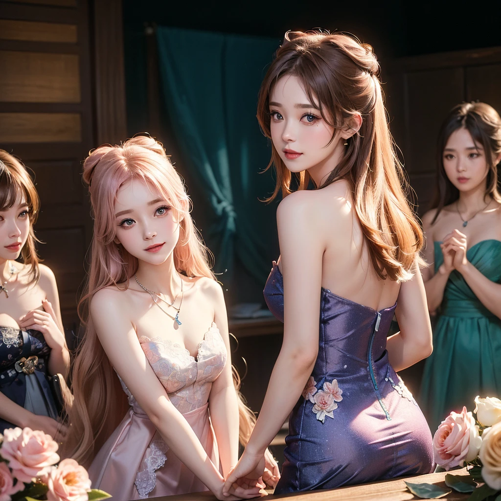 (Masterpiece:1.3), (8K, RAW Photos, Highest quality: 1.4), Beautiful Face, Beautiful hairstyle, Beautiful attention to detail, Beautiful Skin, Absurd, Charm, Ultra-high resolution, Very detailed,Browsing Caution,(Front Focus), Fantasy art, Photo Real, Art Station, Very detailed顔,Three girls in a dark basement,Light pink long hair, Very detailed肌,Colorful Dresses, Large Breasts,Put your arms behind your back,Heavy makeup, Flower Hairpin,Floral Dress, Lace dress, naked,necklace,Half Body,Face close-up,Wicked Smile,