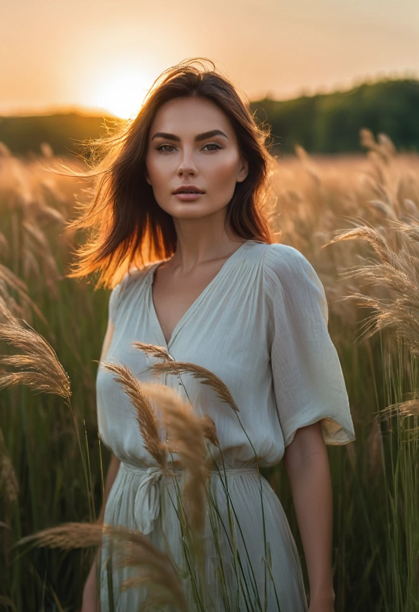 a woman standing in a field of tall grass with the sun setting, gorgeous woman, cinematic beautiful natural skin, attractive woman, attractive girl, photo of a beautiful woman, gorgeous attractive face, extremely beautiful face, in a field, beautiful female model, portrait of a beautiful model, soft portrait shot 8 k, beautiful delicate face, a beautiful young woman, attractive beautiful face