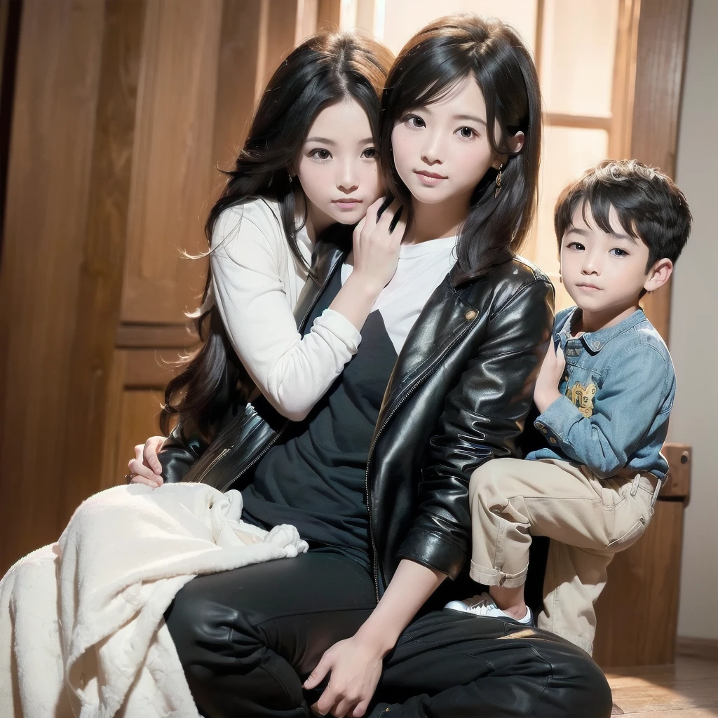 Highest quality,masterpiece,Ultra-high resolution,Perfect Anatomy,(truth:1.4),RAW Photos,smile,Children of short-haired boys,Woman with long hair and 2 year old boy with short hair,a woman and small boy, Mom and short-haired son,Gorgeous Mother And Smiley Boy,(Big tree々Parks and)(((Big treeの後ろに隠れている母)))、(hide and seek)Cowboy Shot,Cinema Lighting,Fashion model parents,Adorable,, (Browsing Caution:1.2)、(Black-haired baby looking for his mother)、(Long-haired mom and short-haired son)、(A mother in a gold jacket and her son in a black jacket