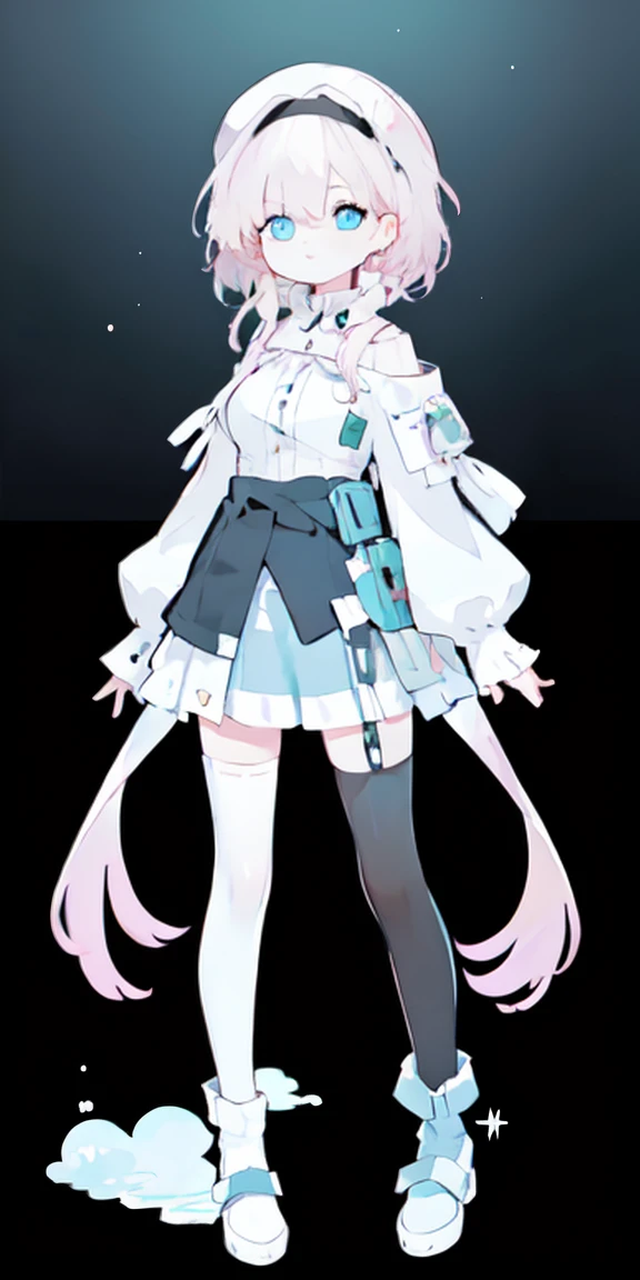 (One girl),Full Body Lesbian,
Pink Hair,Bright Blue Eyes,Aqua gradient eyes,
Straight long hair,French Braid,Black Hair Band, (White Beret),
Cropped shoulders,White knee-length stockings,Lolita Skirt,High Ponytail