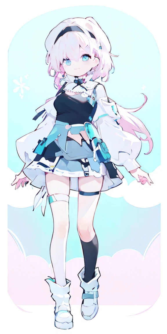 (One girl),Full Body Lesbian,
Pink Hair,Bright Blue Eyes,Aqua gradient eyes,
Straight long hair,French Braid,Black Hair Band, (White Beret),
Cropped shoulders,White knee-length stockings,Lolita Skirt,High Ponytail