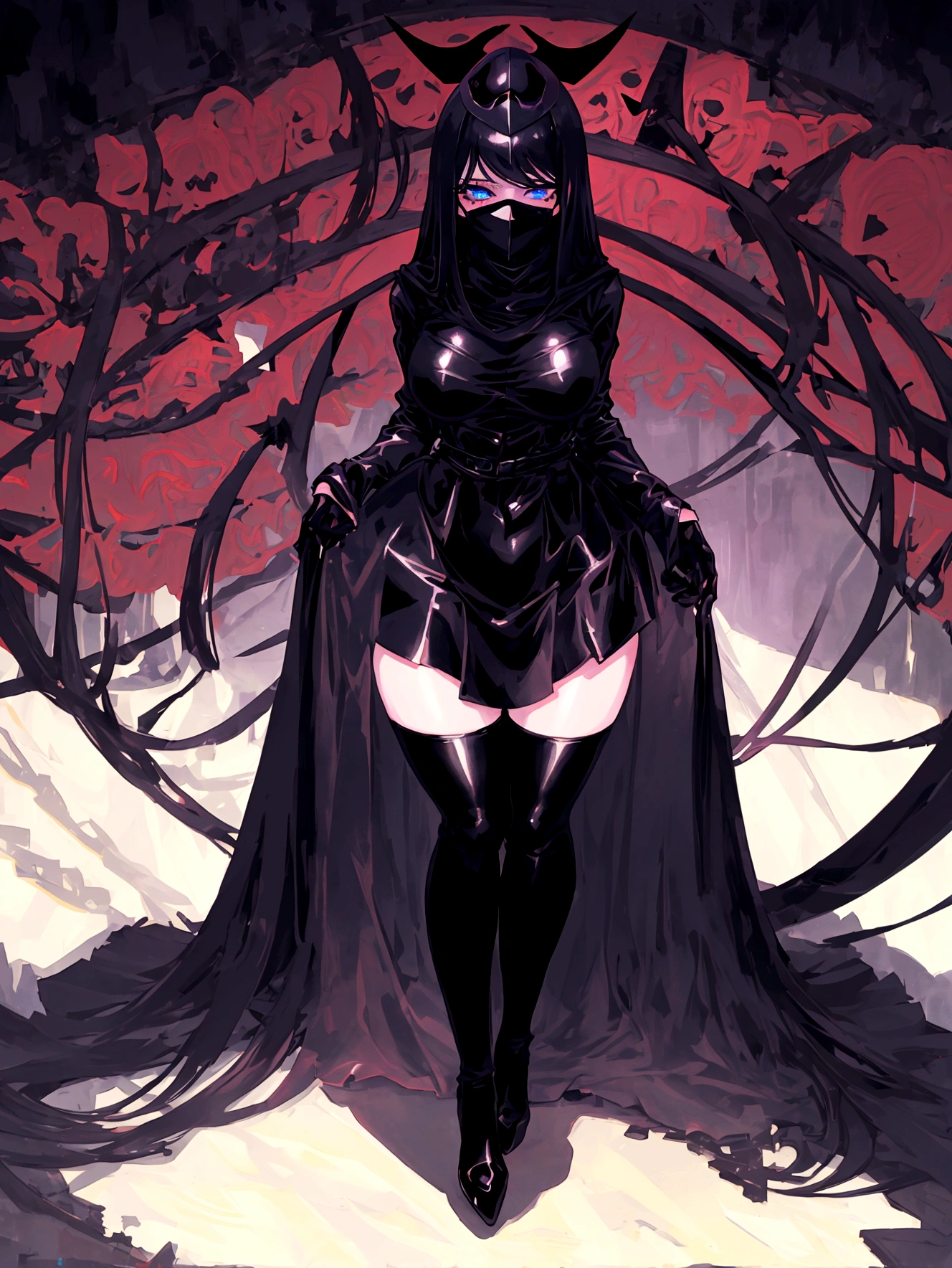 (masterpiece), best quality, expressive eyes, perfect face, (((body covered by black shadows))), sexy, huge natural breasts, huge ass, full body, black high heels, sexy, beautiful, long black hair, blue eyes, full body, (sadistic), (((Black mask with an eldritch design))), ((((1girl)))), standing pose, (Dark Castle background)