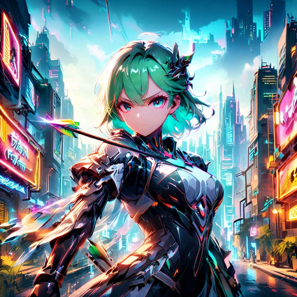 An anime girl with flowing emerald green hair,She's dressed in sleek black mech gear,In the background of the futuristic cyberpunk city。She was armed with a bow and arrow,A determined expression,Surrounded by neon lights、Cityscape with vivid colors and dramatic lighting,The overall style is full of charm and energy。
(cyberpunk:1.3) (mecha aesthetic:1.2) (anime girl:1.4), (flowing emerald green hair:1.2), (sleek black mecha armor:1.2), (futuristic cyberpunk cityscape:1.3), (high-angle shot:1.2), (gripping bow and arrow:1.3), (determined expression:1.2), (neon lights:1.3), (vivid colors:1.2), (dramatic lighting:1.2), (Konachan-style:1.1), (4K wallpaper:1.2), (captivating energy:1.2)