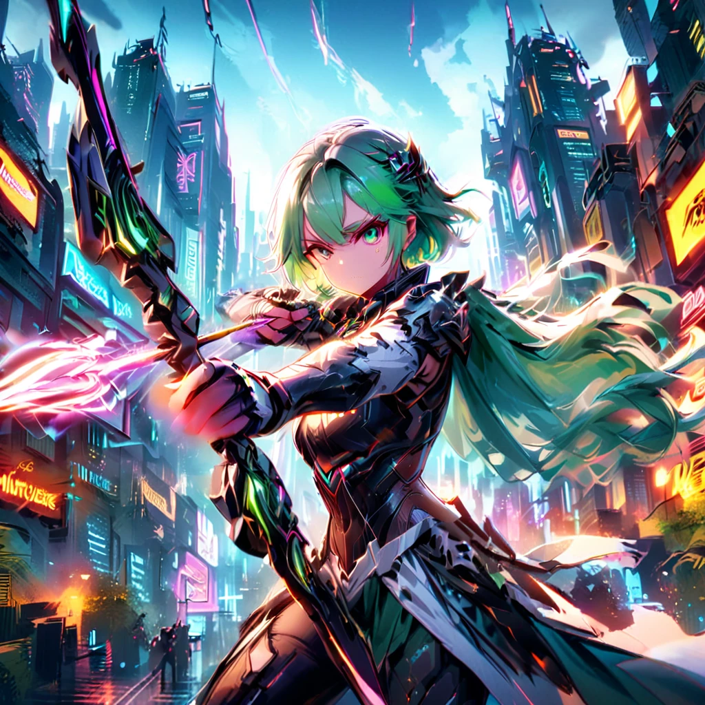 An anime girl with flowing emerald green hair,She's dressed in sleek black mech gear,In the background of the futuristic cyberpunk city。She was armed with a bow and arrow,A determined expression,Surrounded by neon lights、Cityscape with vivid colors and dramatic lighting,The overall style is full of charm and energy。
(cyberpunk:1.3) (mecha aesthetic:1.2) (anime girl:1.4), (flowing emerald green hair:1.2), (sleek black mecha armor:1.2), (futuristic cyberpunk cityscape:1.3), (high-angle shot:1.2), (gripping bow and arrow:1.3), (determined expression:1.2), (neon lights:1.3), (vivid colors:1.2), (dramatic lighting:1.2), (Konachan-style:1.1), (4K wallpaper:1.2), (captivating energy:1.2)