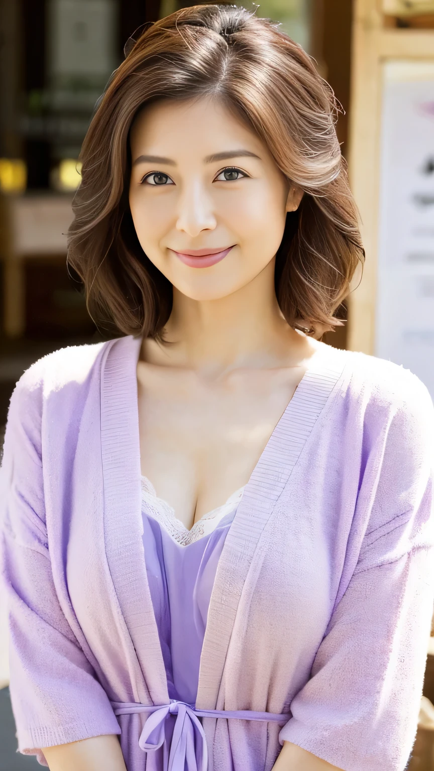 to be born, Highest quality, High resolution, (masterpiece: 1.3), Body Shot, かわいいJapanese女性, masterpiece, Bent body, Big Breasts, Cute face, White skin, Fair skin, Cute eyes, Elegant smile, light makeup, stand in front of a flower shop, Feminine gestures, Elegant expression, Viewers facing each other, Focus on your audience, Wearing a white dress, Pretty dress, Wearing a lilac cardigan, Perfect cardigan, かわいいBeautiful pastel colors, Beautiful pastel colors, at noon, Great lighting, Great sunlight, Bright colors, Ultra-realistic clean lines, Very realistic、Japanese、40 years old、A radiant smile、E cup breasts、Hide your fingers、Accentuate your breasts、Cleavage、Disheveled clothing