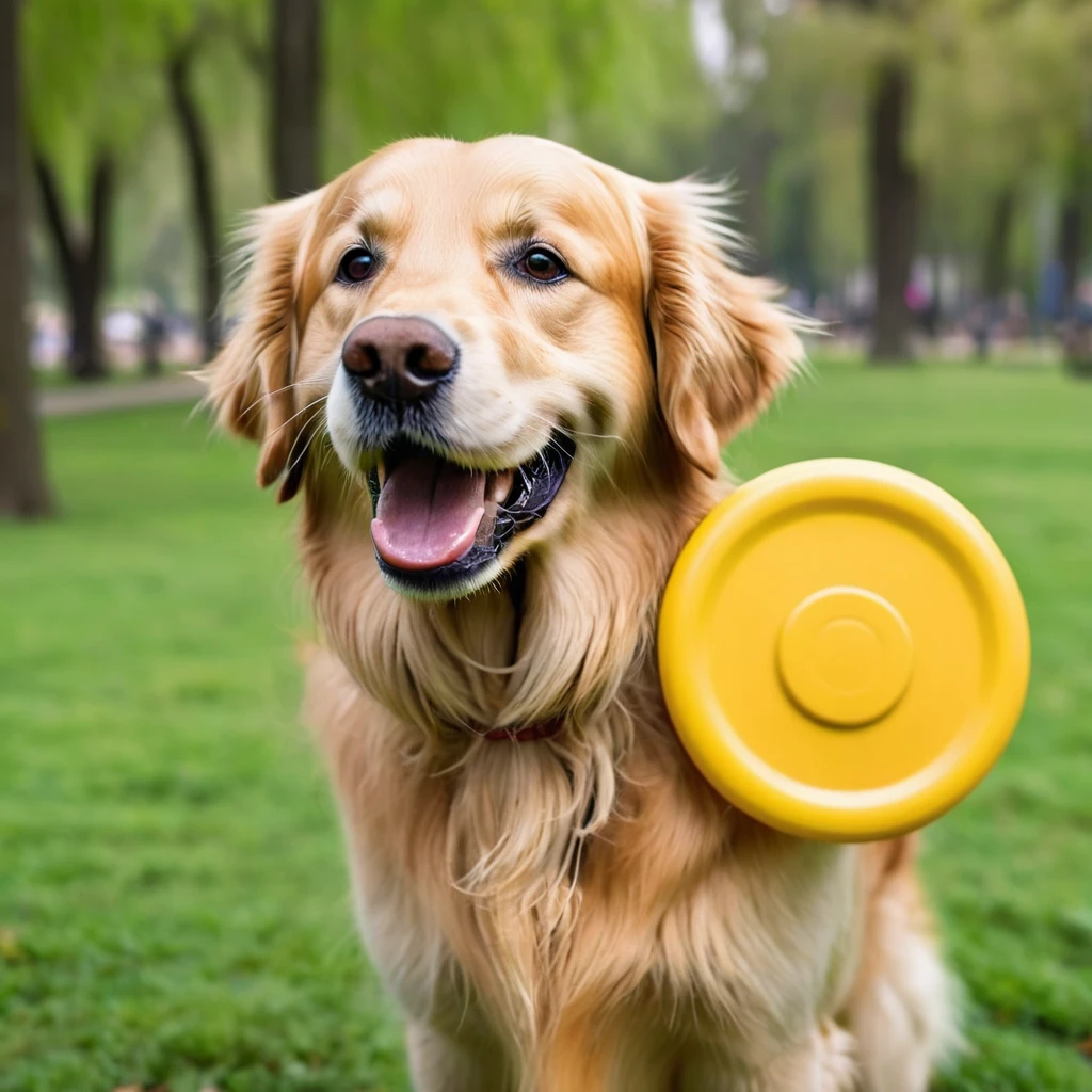 masterpiece, ultra realistic, UHD, 4k, a picture of a happy golden retriever face, holding a frisbee, in a park. sharp focus, blurred background