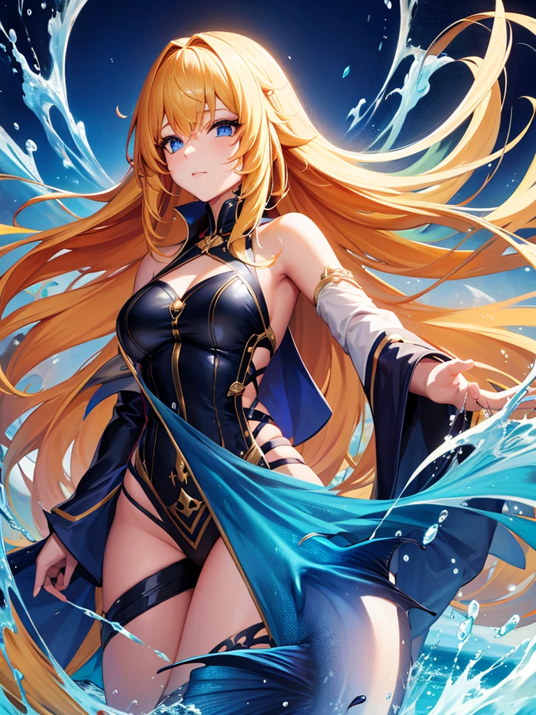Japanese Anime style, super fine illustration, highly detailed, dynamic angle, beautiful detailed, pretty & charming anime girl with blonde straight short hair & blue eyes & a smile wears a swimsuit & accessories of black & blue future digital devices, blue lights, the huge planet is horizon. japanese anime style,