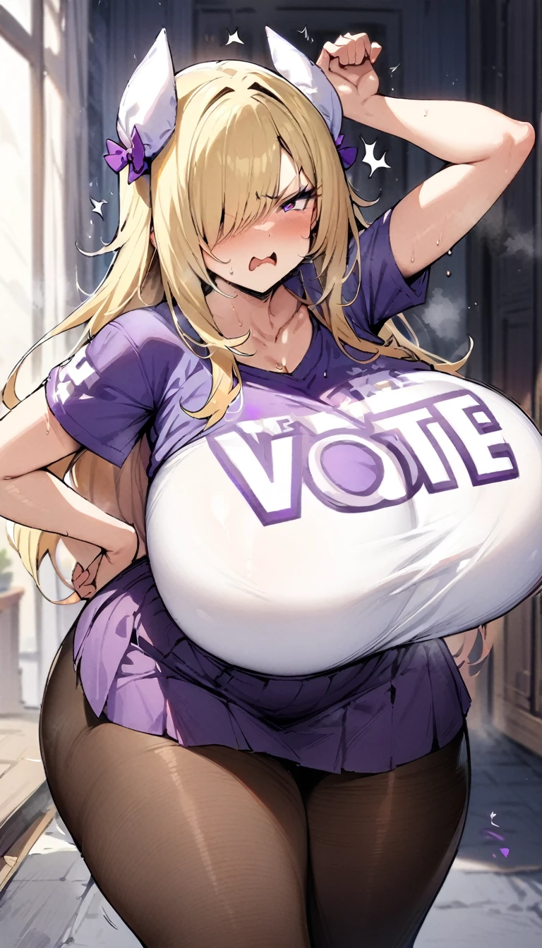 ((Best Quality)), ((Masterpiece)), (detailed), 1 girl, Pastel yellow hair, long hair, hair covers one eye, purple eyes, big breasts, big thighs, angry expression, pouting, white vote t-shirt, purple skirt, brown pantyhose