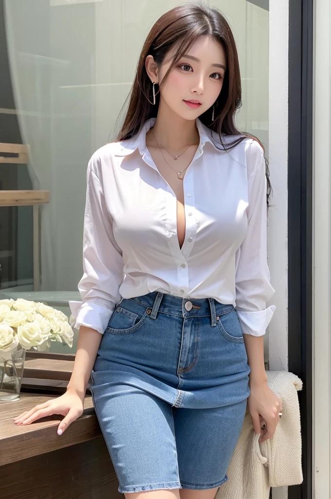 ((Highest quality))、Beauty、Big Breasts、Fully open casual shirt、
