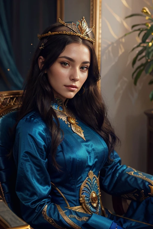 arafed woman in a blue dress sitting in a gold frame, karol bak uhd, beautiful fantasy art portrait, charlie bowater rich deep colors, beautiful fantasy portrait, fantasy art portrait, in style of charlie bowater, style of charlie bowater, ((a beautiful fantasy empress)), fantasy portrait art, fantasy woman, rich blue colors, dressed in blue
